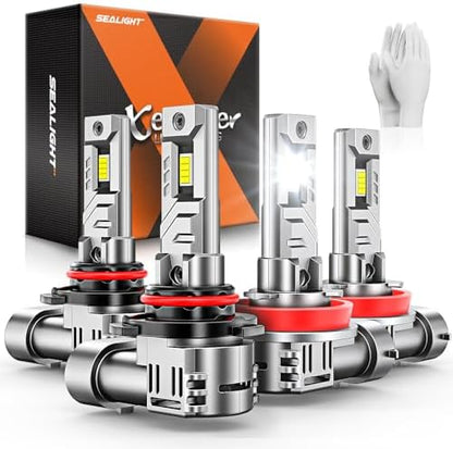 SEALIGHT 9005 H11 Bulbs,100,000LM 900% Brightness HB3 H8/H9 Light Bulbs, 6500K Cool White Bulbs with 15000RPM Fan, Plug and Play ATV/UTV, 10-Year Extended Lifespan IP68 Waterproof, Pack of 4
