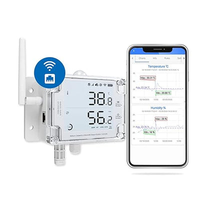 GS1-AETH1RS Ethernet & WiFi Temp/Humidity/Illumination Sensor, Data Logger, External Probe, Scheduled Reports, Multiple Alert, Support Local Deployment (2.4GHz WiFi & Ethernet, No Hub Required)