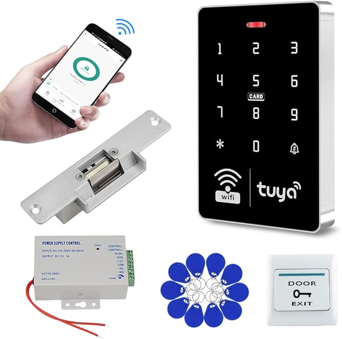 WiFi Tuya APP Access Control System Waterproof Kits RFID Keypad Controller 125KHz 13.56MHz + Door Electric Strike Lock + DC12V Power Supply, 10,000 Large User Capacity
