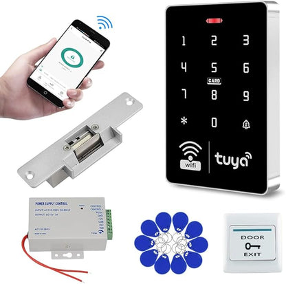 WiFi Tuya APP Access Control System Waterproof Kits RFID Keypad Controller 125KHz 13.56MHz + Door Electric Strike Lock + DC12V Power Supply, 10,000 Large User Capacity