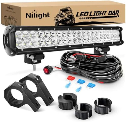 Nilight 20 Inch 126W Spot Flood Combo LED Light Bars Off-Road Light Mounting Bracket Horizontal Bar Tube Clamp with Off Road Wiring Harness, 2 Years Warranty, White
