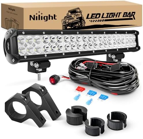 Nilight 20 Inch 126W Spot Flood Combo LED Light Bars Off-Road Light Mounting Bracket Horizontal Bar Tube Clamp with Off Road Wiring Harness, 2 Years Warranty, White