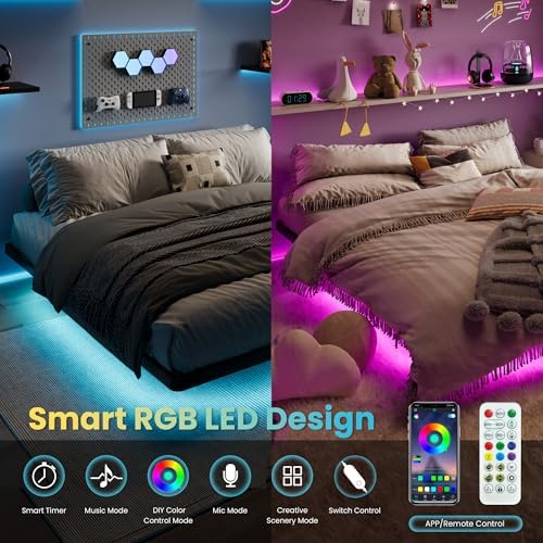 SHA CERLIN King Size Floating Bed Frame with Smart LED Lights, Black