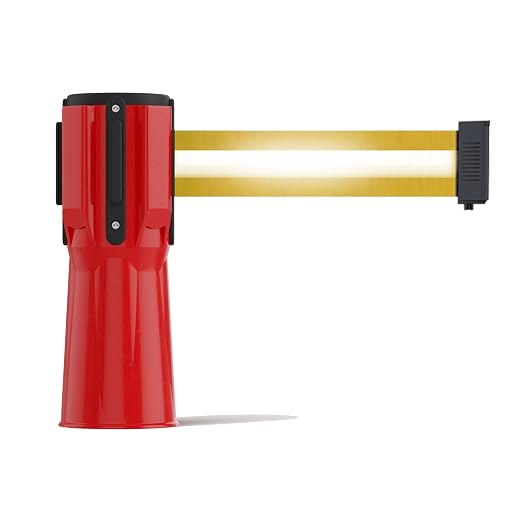 Trafford Industrial 11 ft Cone-Mounted Retractable Belt Barrier Red Case with Yellow with Horizontal Reflective Stripe Belt