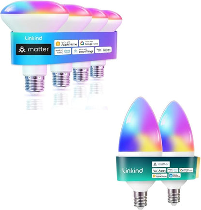 Linkind Matter E12 Smart Light Bulb 470lm RGBTW 2Pack Bundle Color Changing Matter BR30 4 Pack, Compatible with Alexa & Google Home