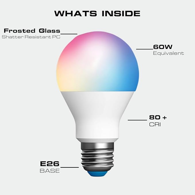 Smart A19 LED Bulb, WiFi + Bluetooth, 9W (60W Eq), RGB & Tunable White 2700K-6500K, 800 Lumens, Dimmable, E26 Base, Compatible with Alexa & Google Assistant