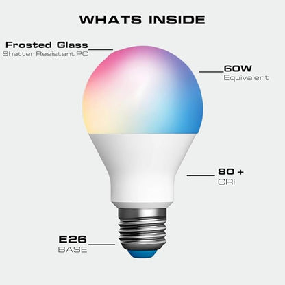 Smart A19 LED Bulb, WiFi + Bluetooth, 9W (60W Eq), RGB & Tunable White 2700K-6500K, 800 Lumens, Dimmable, E26 Base, Compatible with Alexa & Google Assistant