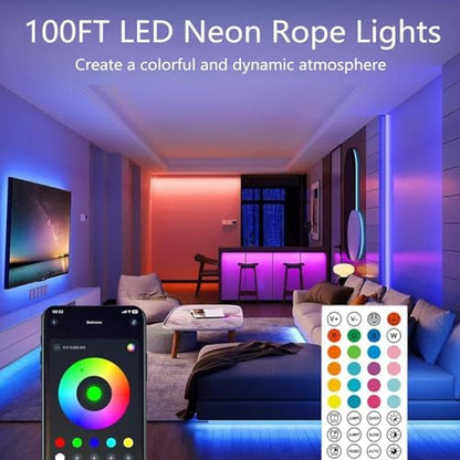 100FT Led Rope Lights,Flexible Neon Light Control with App/Remote,Multiple Modes,IP65 Outdoor Waterproof,Music Sync Strip for Bedroom