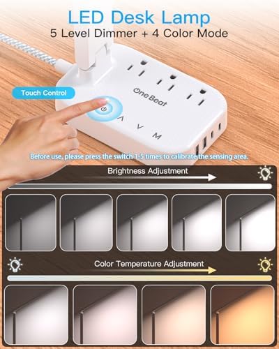 One Beat Small LED Desk Lamp Power Strip 5ft Extension Cord with 3 Outlets 4 USB Ports(2 USB C), 4 Modes, 5 Level Touch Lamp Study Reading Light, Home Office Bedroom College Dorm Room Essentials,White