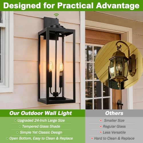 Extra Large 24 Inch Outdoor Wall Lights, Dusk to Dawn Sensor, Black, 2-Pack