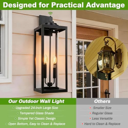 Extra Large 24 Inch Outdoor Wall Lights, Dusk to Dawn Sensor, Black, 2-Pack
