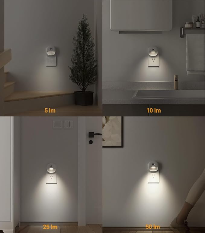 Lyridz Plug in Night Light with Motion Sensor and Dusk to Dawn Sensor, Dimmable Cool White Nightlight with 1-50lm Adjustable Brightness for Bedroom, Bathroom, Stairs, Hallway, 4 Pack