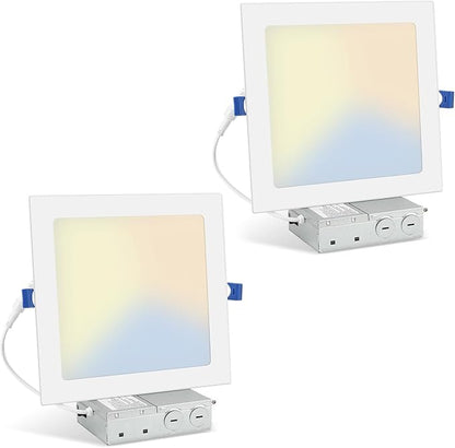 HONZIN 2 Pack 8 Inch Square LED Recessed Lighting, Ultra-Thin Canless Ceiling Light, 5CCT Selectable 2700K/3000K/3500K/4000K/5000K, 20W Dimmable, IC Rated with Junction Box, White Trim