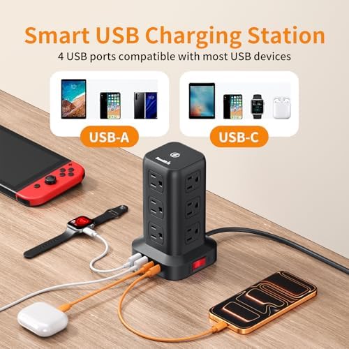 Extension Cord with Multiple Outlets, SMALLRT Power Strip Tower, Outlet Extender with 12 AC Outlets 4 USB, 6.5FT Extension Cord for Home Dorm Room, Office Supplies, Overload Protection