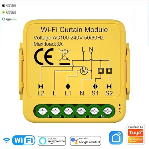 WiFi Smart Garage Door Controller Module, TUYA SMART Life, AC 100-240V, Single Channel with Mounting Kit, CE Certified, Yellow (1ch Curtain WiFi AC)