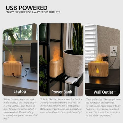 Flame Diffuser for Essential Oils, 200ml Ultrasonic Aroma Diffusers with Cool Mist, Aromatherapy Diffuser with Auto-Off Protection (Wooden Grain(7 Colors), Peppermint+Lavender+Tea Tree+Lemon)
