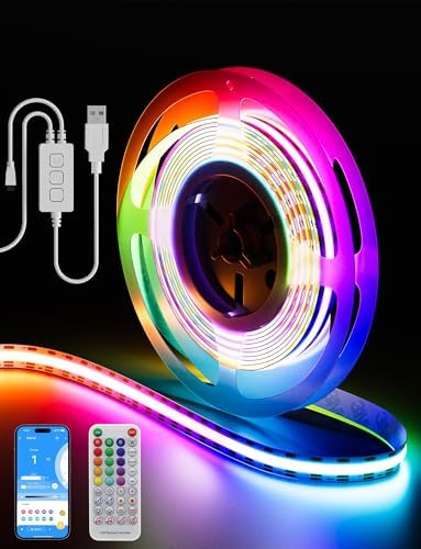 PAUTIX RGB Smart IC USB LED Light,5V RGB COB LED Strip USB Powered,UL-Listed Multicolor Flexible Tape Light 6.56ft/2m with Music Mode/APP Control,for TV,Scooter,Computer Desk Decor