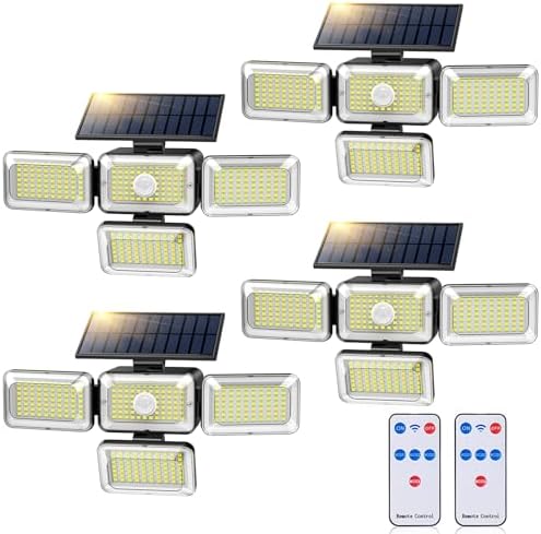 Solar Lights Outdoor, 288 LED 2800LM Motion Sensor Outdoor Light with Remote Control, 4 Heads IP65 Waterproof Solar Flood Security Lights for Outside Patio Wall -4PACK