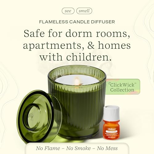Lifelines Flameless Candle Aromatherapy Essential Oil Diffuser with ClickWick Essential Oil Blend - Cordless & Waterless Diffuser for Home - Scented Electric Candles Blow Out Flame- Olive Ribbed