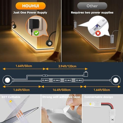 Dual Motion Sensor Light Strip Indoor Under Bed Lights Warm White 16.4Ft