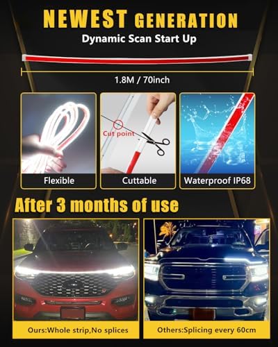 YM E-Bright LED Hood Light Strip, White Dynamic Scan DRL 12V 70inch 1Set