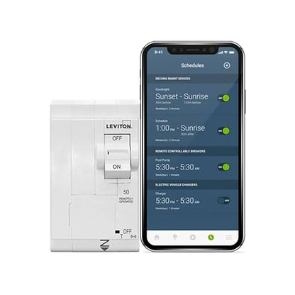 Leviton 2nd Gen Smart Circuit Breaker with Remote Control, Standard, 2-Pole 50 Amp, 120/240-Volt and 120/208-Volt, 10kA Interrupt Rating, LB250-ST