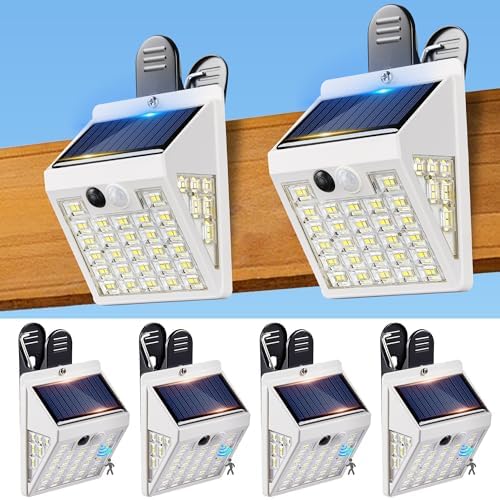 Clip On Solar Lights Outdoor,Motion Sensor Outdoor Lights, 72LEDs 600LM Clip on Solar Fence Lights Outdoor Waterproof LED,Solar Lights for Wall Fence,Deck, Gutter,Camping(4, White)