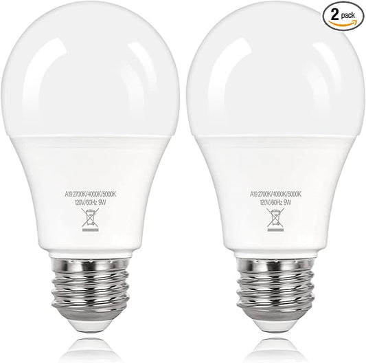 PARTPHONER A19 LED Light Bulbs, 60W Equivalent Efficient 9W LED Bulb, 3 Color Light Modes Light Bulbs, 900 Lumens, CRI 85+, 25000+ Hours Lifespan, Pack of 2