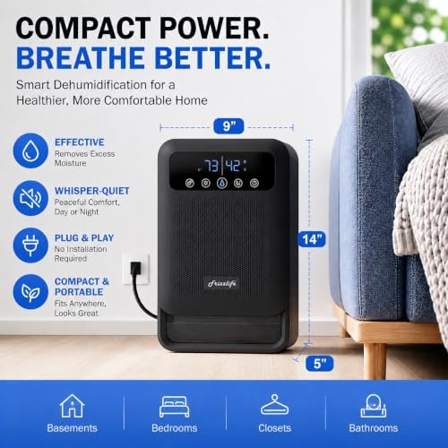 Frizzlife DH80 Dehumidifier with 135oz Water Tank, Small Dehumidifiers With Auto Shut Off & Purifying For Bedroom, Bathroom, Home, Low-Noise Quiet Sleep Mode with Timer, 7 Colors Light, Black