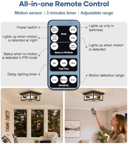 Motion Sensor Outdoor Ceiling Light with Remote, 8.5 Inch Matte Black Flush Mount Porch Light Fixture with United Glass Cover, 5 Modes Outside Flush Mount Light for Porch, Garage, Patio, Entryway
