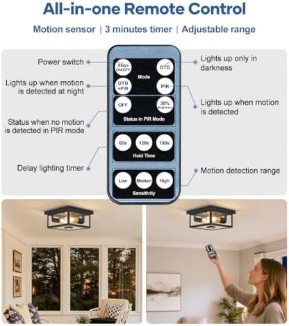 Motion Sensor Outdoor Ceiling Light with Remote, 8.5 Inch Matte Black Flush Mount Porch Light Fixture with United Glass Cover, 5 Modes Outside Flush Mount Light for Porch, Garage, Patio, Entryway