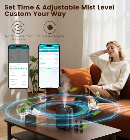 Waterless Essential Oil Diffuser with 2 x 100ML Oils, 3000 Sq.Ft Coverage for Large Home Hotel Office, 400ml Cold Air Scent Machine, Bluetooth App Control, Quiet Aroma Diffuser Wall Mount