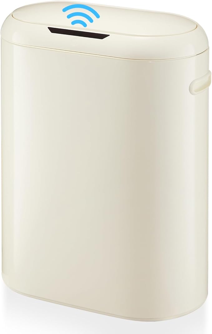 OUTLANE Touchless Motion Detector Kitchen Trash Can - 13 Gallon/50L Slim Garbage Bin - Soft-Close Lid - Smart Design - for Kitchen, Bathroom, Office - Beige, One Size