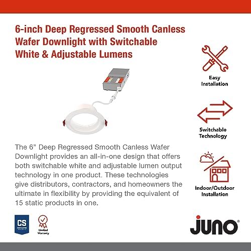 Juno LED Recessed Lights 6 Inch Round Wafer Downlight, 5-in-1 Switchable White Color Temperature, Adjustable Brightness, Deep Regressed Smooth Trim, 6-Inch, Matte White