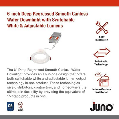 Juno LED Recessed Lights 6 Inch Round Wafer Downlight, 5-in-1 Switchable White Color Temperature, Adjustable Brightness, Deep Regressed Smooth Trim, 6-Inch, Matte White