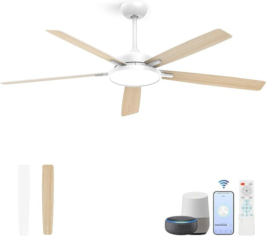 Roomratv 62 Inch Smart Ceiling Fan Compatible with App/Alexa/Google home | White,Beep-Off Function,Ultra Quiet,Bright and Dimmable Led Light,Energy saving,Reversible,Indoor/Outdoor Use
