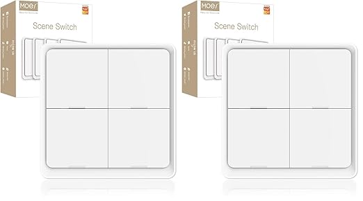 MOES Wireless Smart Scene Switch Button, Require MOES HUB, Zigbee Connection Tuya Battery Powered Included 12 Scene Controller Light Switch for Smart Home Automation 4 Gang White (Pack of 2)