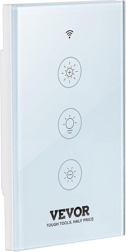 VEVOR Smart Dimmer Switch, Wi-Fi 2.4GHz, Dimmable Smart Switch with Tempered Glass Touch Panel, 15% to 85% Stepless Dimming, Voice App Remote Control, Works with Alexa Google Home, for LED Lights