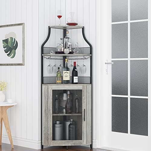 GAOMON Corner Bar Storage Cabinet, 5-Tier Farmhouse Liquor Cabinet with Glass Holder Wine Cabinet with Barn Door & Adjustable Shelf, Home Bar Storage for Home,Dining Room, Kitchen, Gray