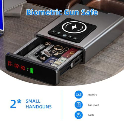 XDeer Biometric Gun Safe for Handgun with Wireless Charging, Quick Access Fingerprint Gun Safes, Bedside Pistol Case, 7/24 Digital Alarm Clock Small Safe Silver 1PCS