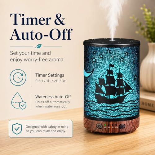 Essential Oil Diffuser 120ML Metal Aromatherapy Diffuser with Timer, Cool Mist Humidifier with Auto Shut-Off & 7 Color Lights for Home Office Spa (Sailing Ship)