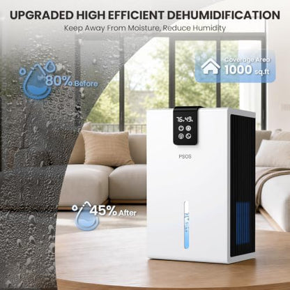 PSOS Dehumidifier, Dehumidifiers for Home, 98 OZ Water Tank, (1000 sq.ft) Quiet Dehumidifier for Basement Bathroom Bedroom with Humidity Display, Auto Shut Off, Relaxing 7 Color Ambient Light(White)