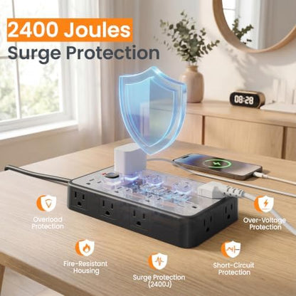 15 FT Surge Protector Power Strip with 6 USB, 16 Outlets, 2400J