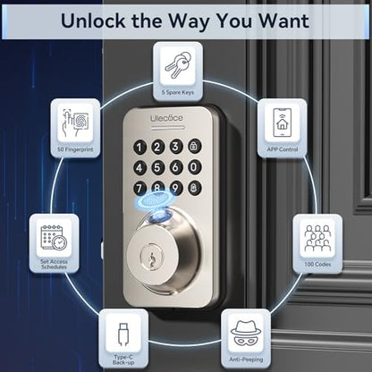 Ulecoce Fingerprint Keypad Deadbolt with Handle Set, Keyless Entry Door Lock, Door Locks for Front Door Lock Set, App Control, Auto Locking, Easy to Install, Satin Nickel