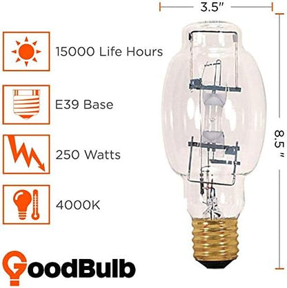 GoodBulb 250-Watt Metal Halide HID Light Bulb E39 Base BT28 ANSI Code M58 High Output HID Light 4000K Cool White Light Color Clear Finish Car Dealership Lighting Pack of 2 Bulbs