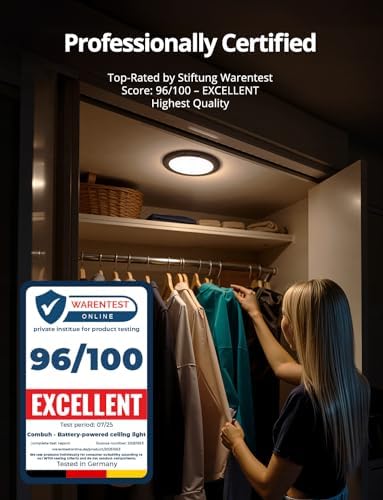 Combuh 2 Pack Black Operated Battery Powered Motion Sensor Ceiling Lights Wireless, Rechargeable 60 Day Battery Life Waterproof Inside Shower Lighting with Remote Magnetic No Wiring for Garage Closet
