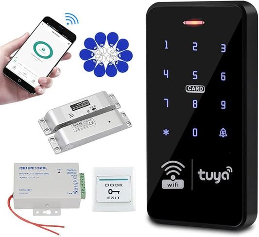 Tuya WiFi Waterproof Access Control System Kit RFID Keypad 125KHz 13.56MHz + Electric Drop Bolt Lock + 10pcs 13.56Mz Keyfobs, Smart Phone APP Remote Control