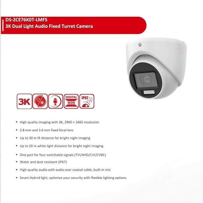 DS-2CE76K0T-LMFS 3K Smart Hybrid Light Turbo HD TVI Camera, Analog BNC coaxial, 4 in 1 (TVI/AHD/CVI/CVBS), IP67 Rated Weatherproof, 2.8mm Wide Angle Lens, Built-in Mic, Only Work with 8MP 4K DVR
