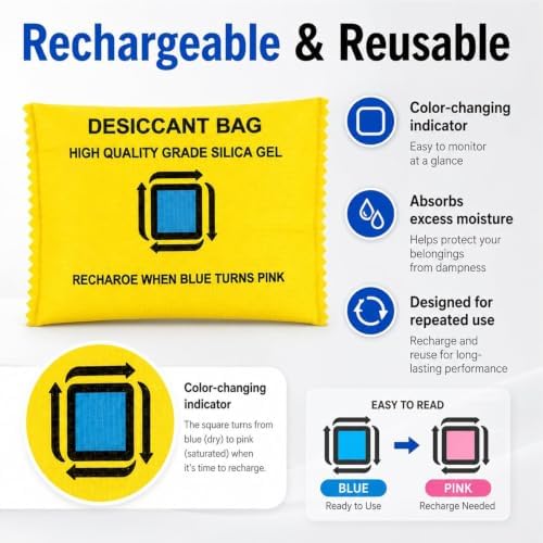 6×100g Reusable Silica Gel Desiccant Packs, Rechargeable & Color Changing