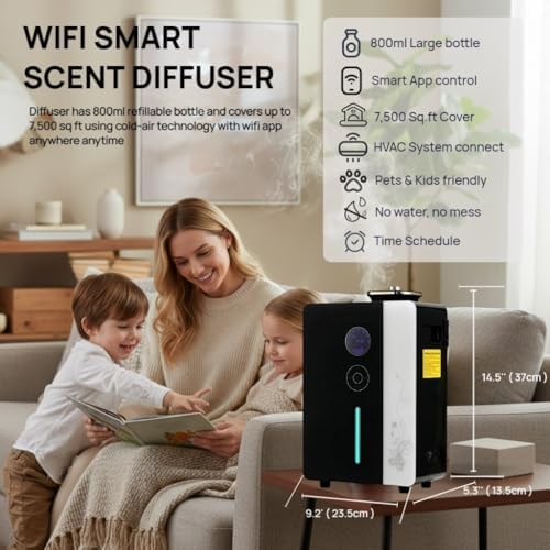 Kevinleo Whole House Scent Machine WiFi App, 7500 Sq Ft HVAC Cold Air Diffuser for Large Home Pet Odor, 800ml Waterless Smart Nebulizer Metal Shell Touch Control Gym Office Spa, No-Heat